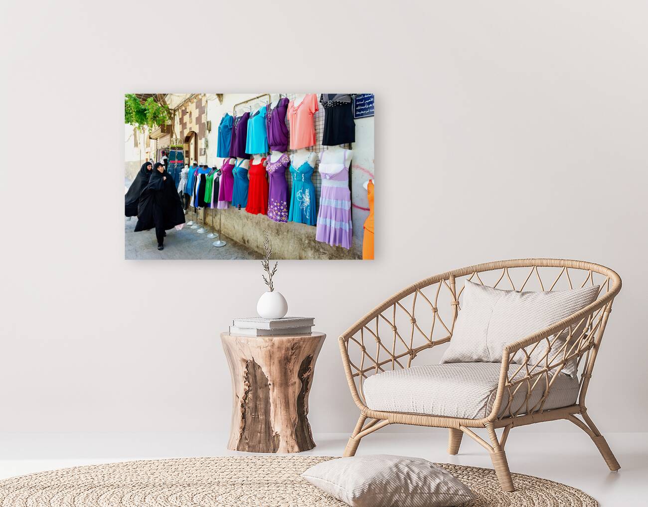 Syria. Damascus. Veiled women looking at western dresses Reproduction