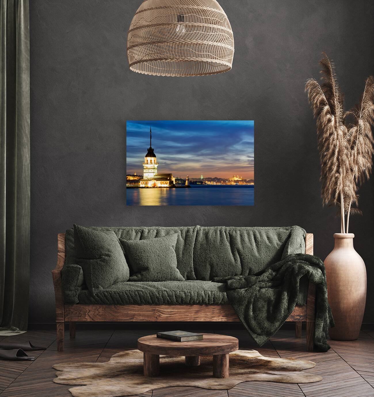 Istanbul Turkey. The Maidens tower on the Bosphorus and the Süleymaniye Mosque at sunset Reproduction