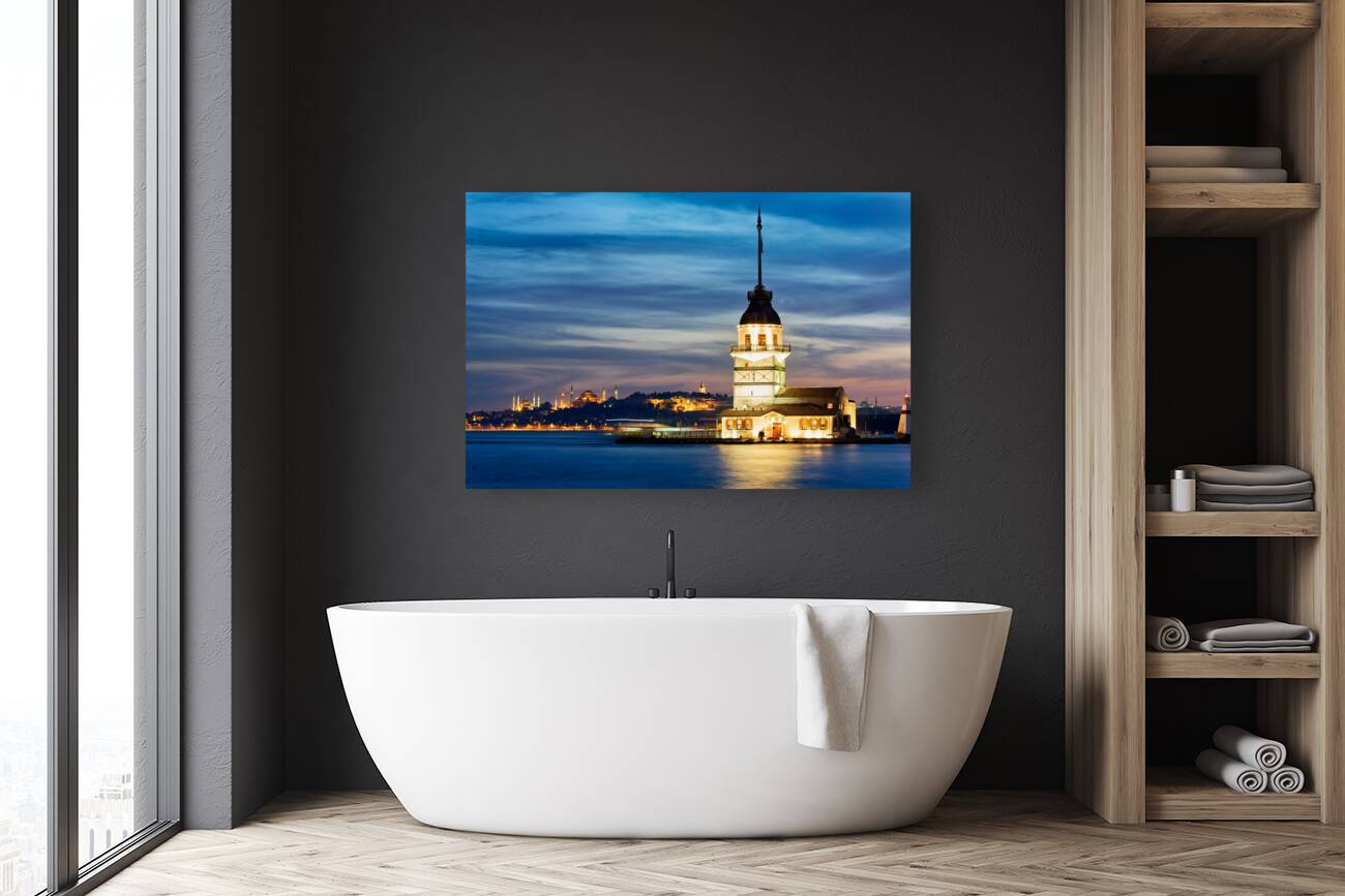 Istanbul Turkey. The Maidens tower on the Bosphorus and Blue Mosque Hagia Sophia at sunset Reproduction