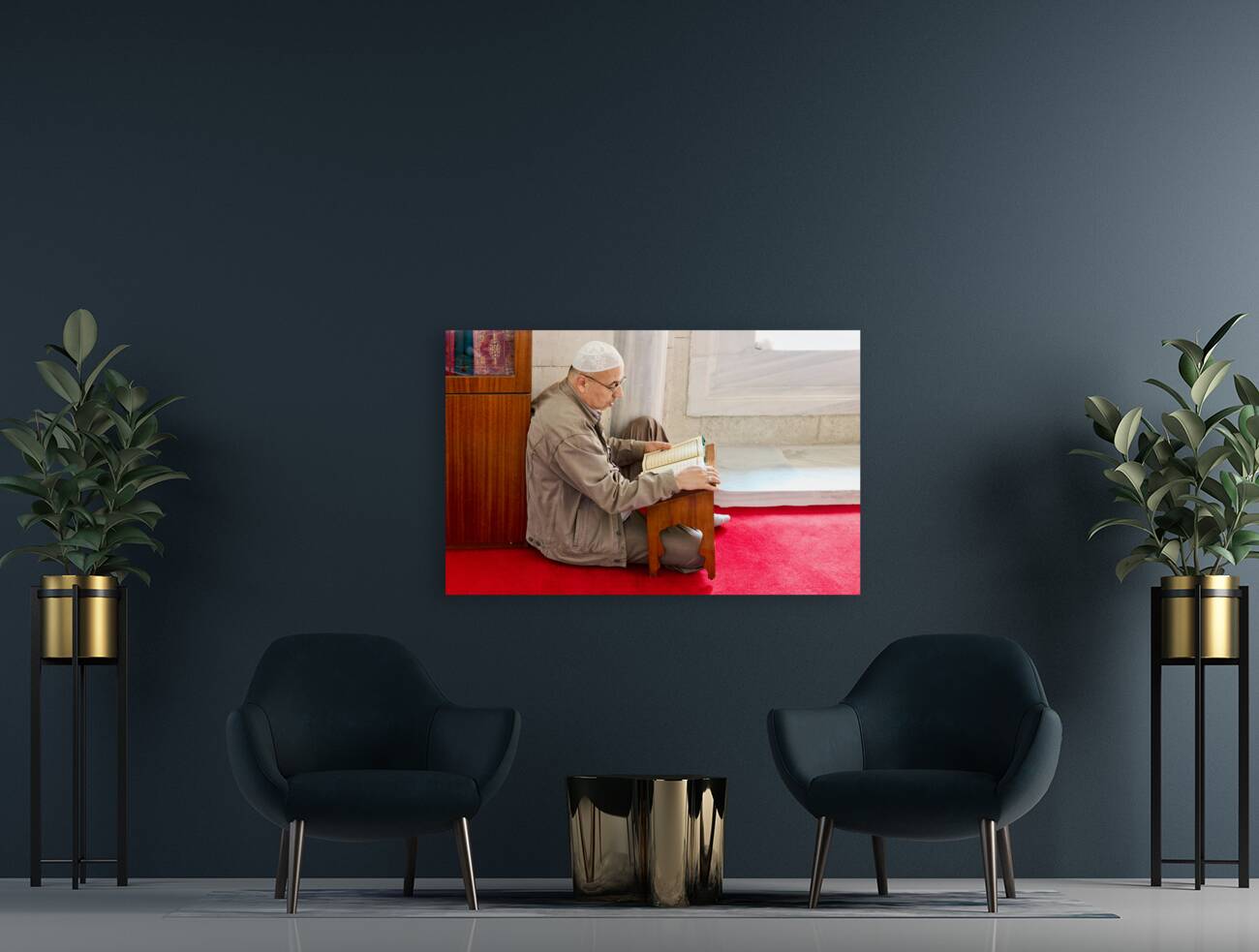 Istanbul Turkey. Muslim believer praying and reading Koran in the Fatih Mosque Reproduction