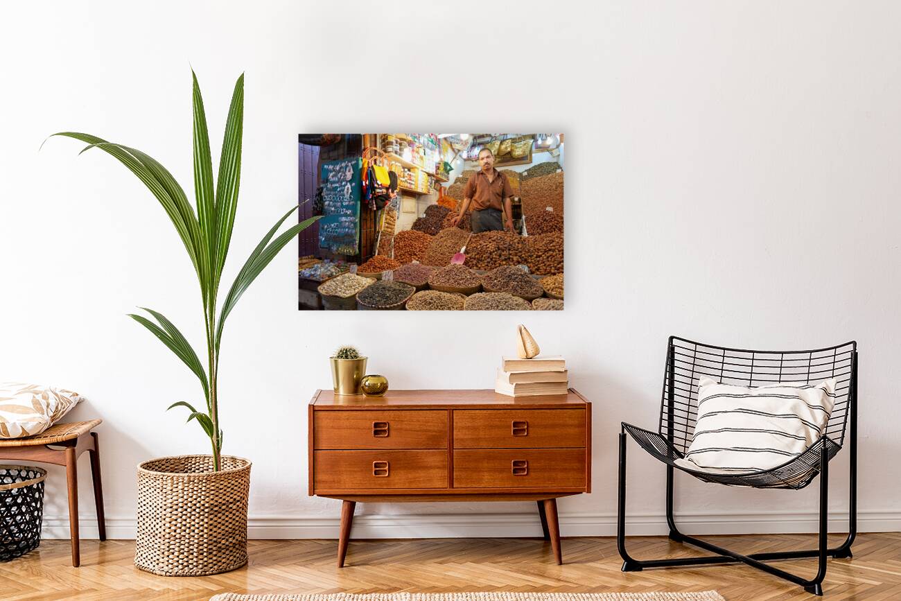 Morocco Marrakesh. Sale of dried fruit in the souk Reproduction