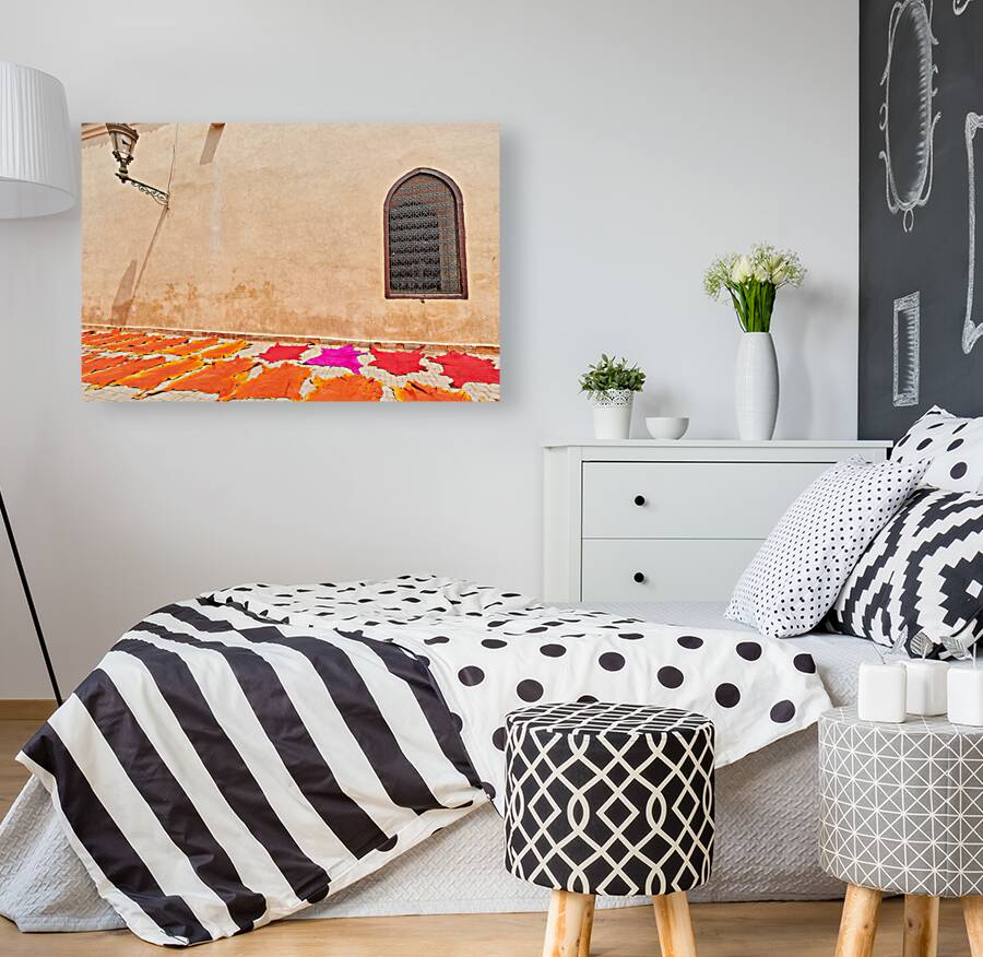 Morocco Marrakesh. Dyed leather drying in the sun Reproduction