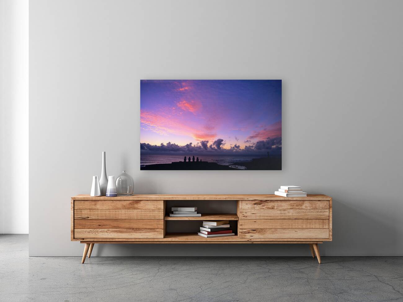 Moai statues at sunset. Easter Island Chile. Reproduction