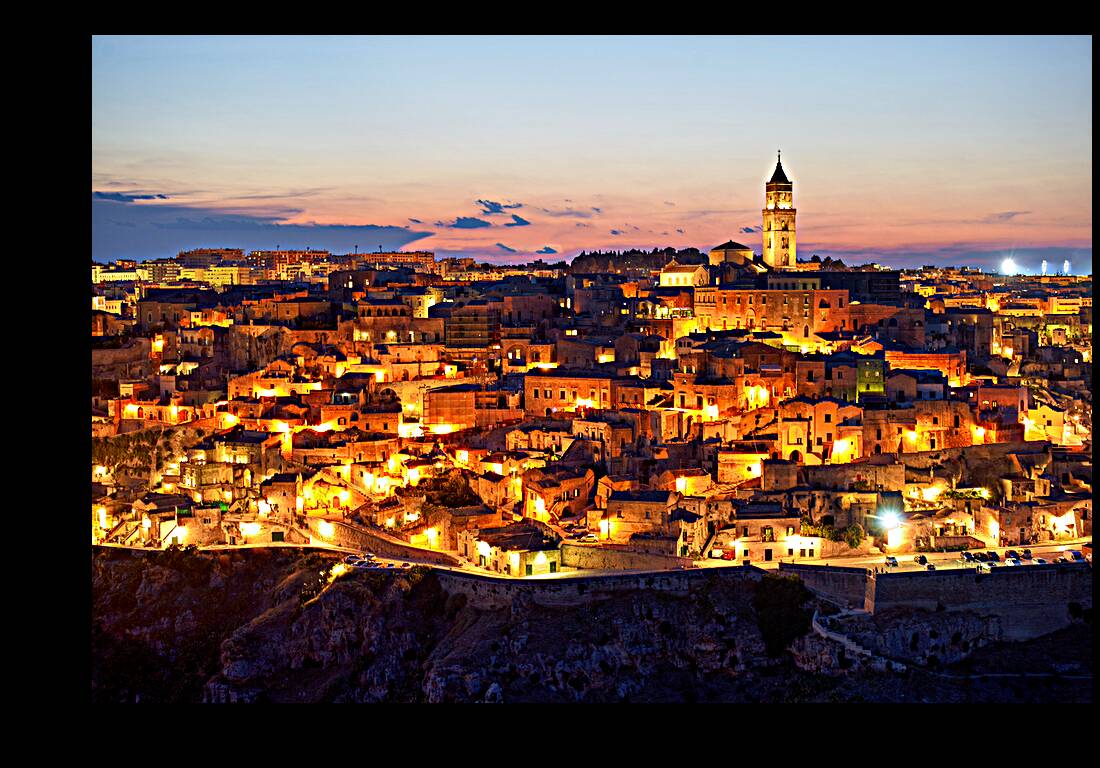 Matera Basilicata Italy. Cityscape. I sassi di Matera at sunset Reproduction