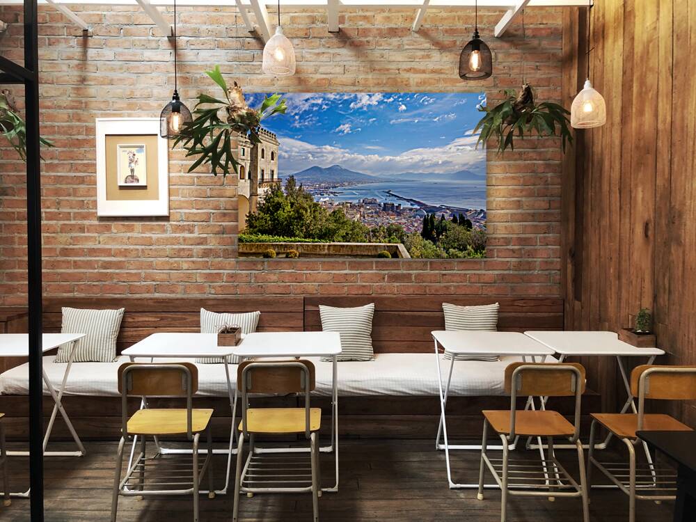 Naples Campania Italy. View of the gulf of Naples and Mount Vesuvius from the Certosa di San Martino Charterhouse of St. Martin a former monastery complex now a museum in Naples southern Italy. It is the most visible landmark of the city perched atop the  Reproduction