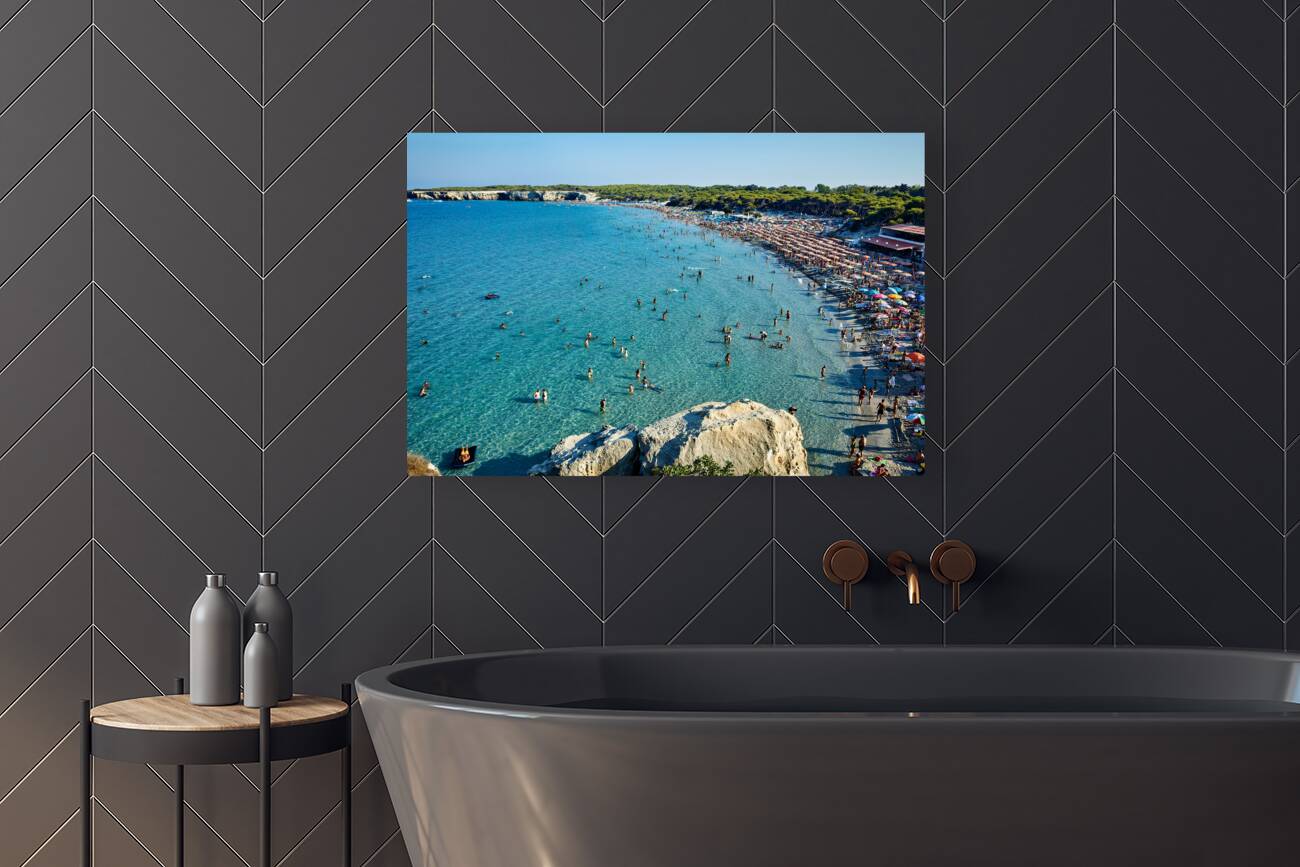 Apulia Puglia Salento. Italy. Torre dellOrso. Melendugno. Aerial view of the beach Reproduction