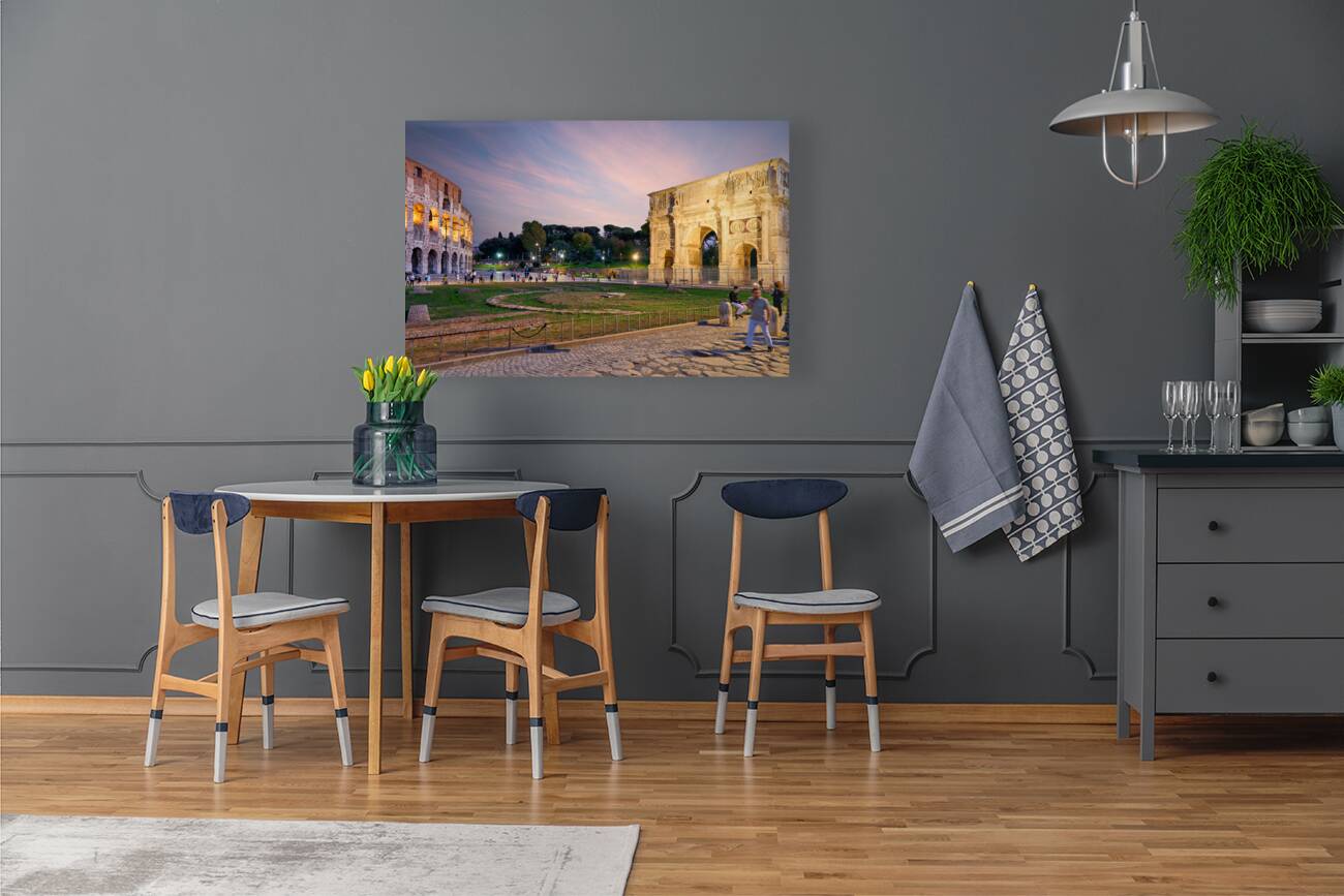 Rome Lazio Italy. The Colosseum Colosseo an oval amphitheatre in the centre of the city of Rome and the Arch of Constantine Reproduction