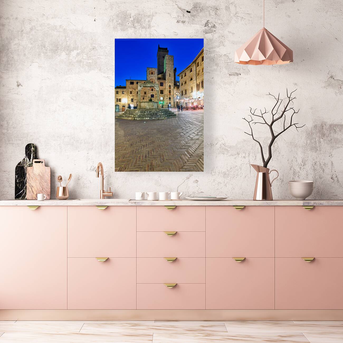 San Gimignano. Tuscany. Italy. Piazza della Cisterna at sunset Reproduction