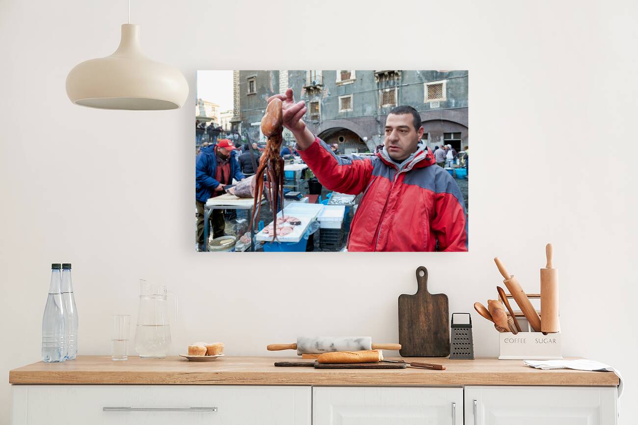 Piscaria the street daily market in Catania Sicily Italy. Fresh fish meat vegetables Reproduction