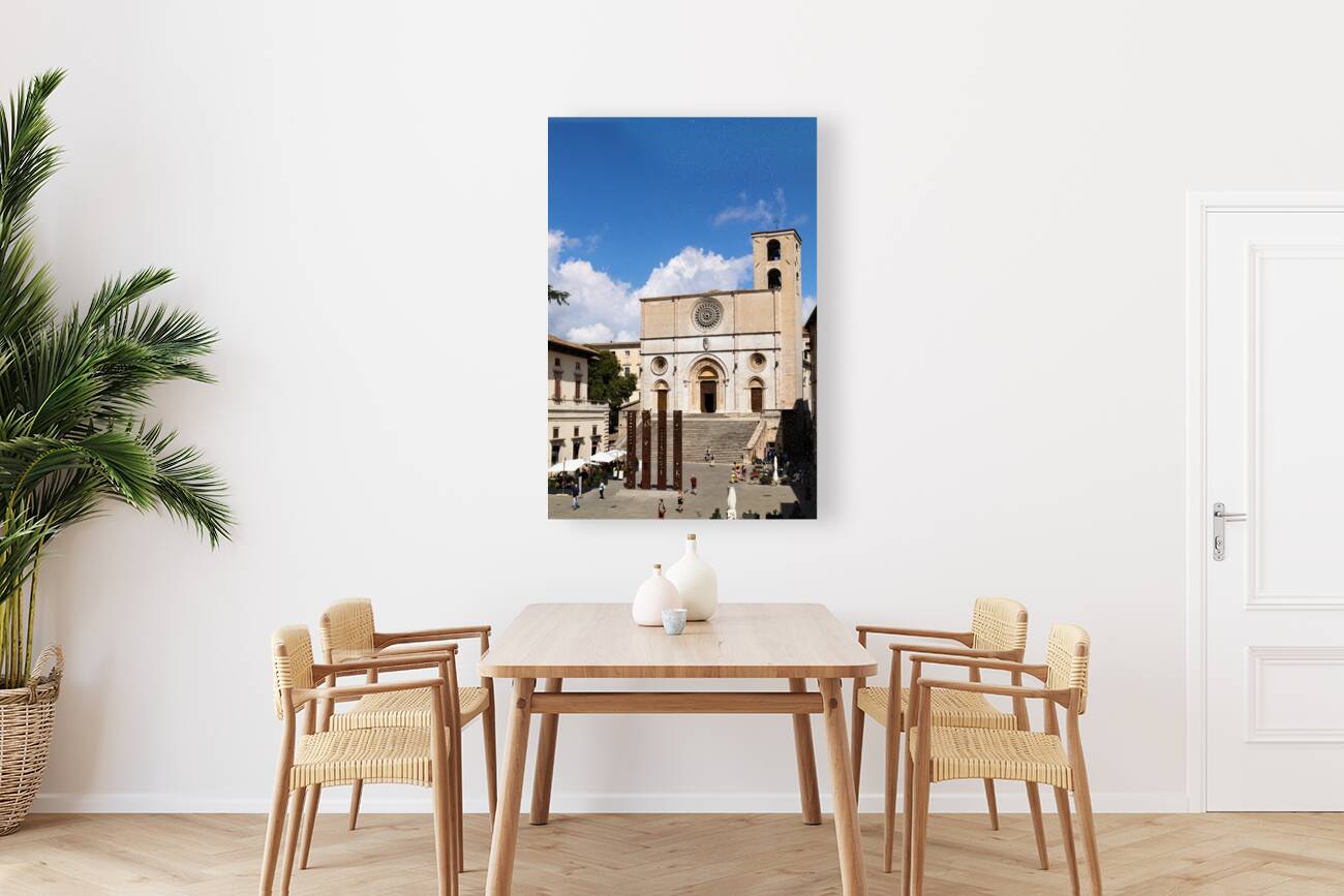 Todi Umbria Italy. Concattedrale della Santissima Annunziata. Cathedral. Piazza del Popolo. The statue Quattro Stele by Arnaldo Pomodoro Reproduction