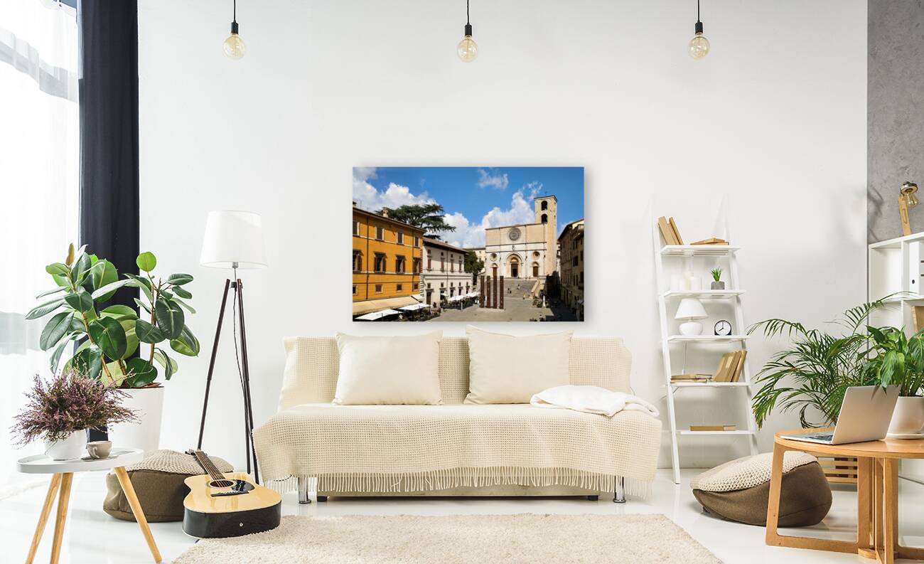 Todi Umbria Italy. Concattedrale della Santissima Annunziata. Cathedral. Piazza del Popolo. The statue Quattro Stele by Arnaldo Pomodoro Reproduction