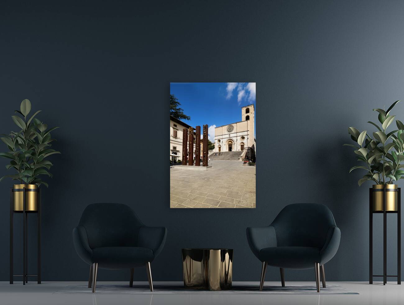 Todi Umbria Italy. Concattedrale della Santissima Annunziata. Cathedral. Piazza del Popolo. The statue Quattro Stele by Arnaldo Pomodoro Reproduction