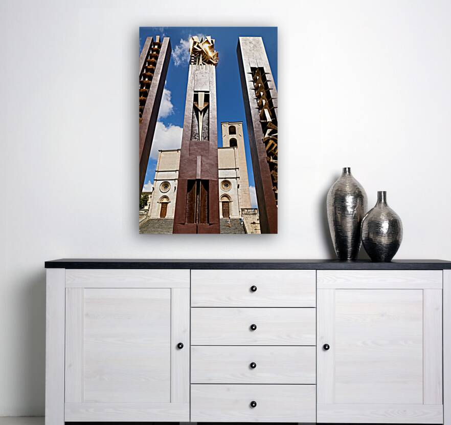 Todi Umbria Italy. Concattedrale della Santissima Annunziata. Cathedral. Piazza del Popolo. The statue Quattro Stele by Arnaldo Pomodoro Reproduction