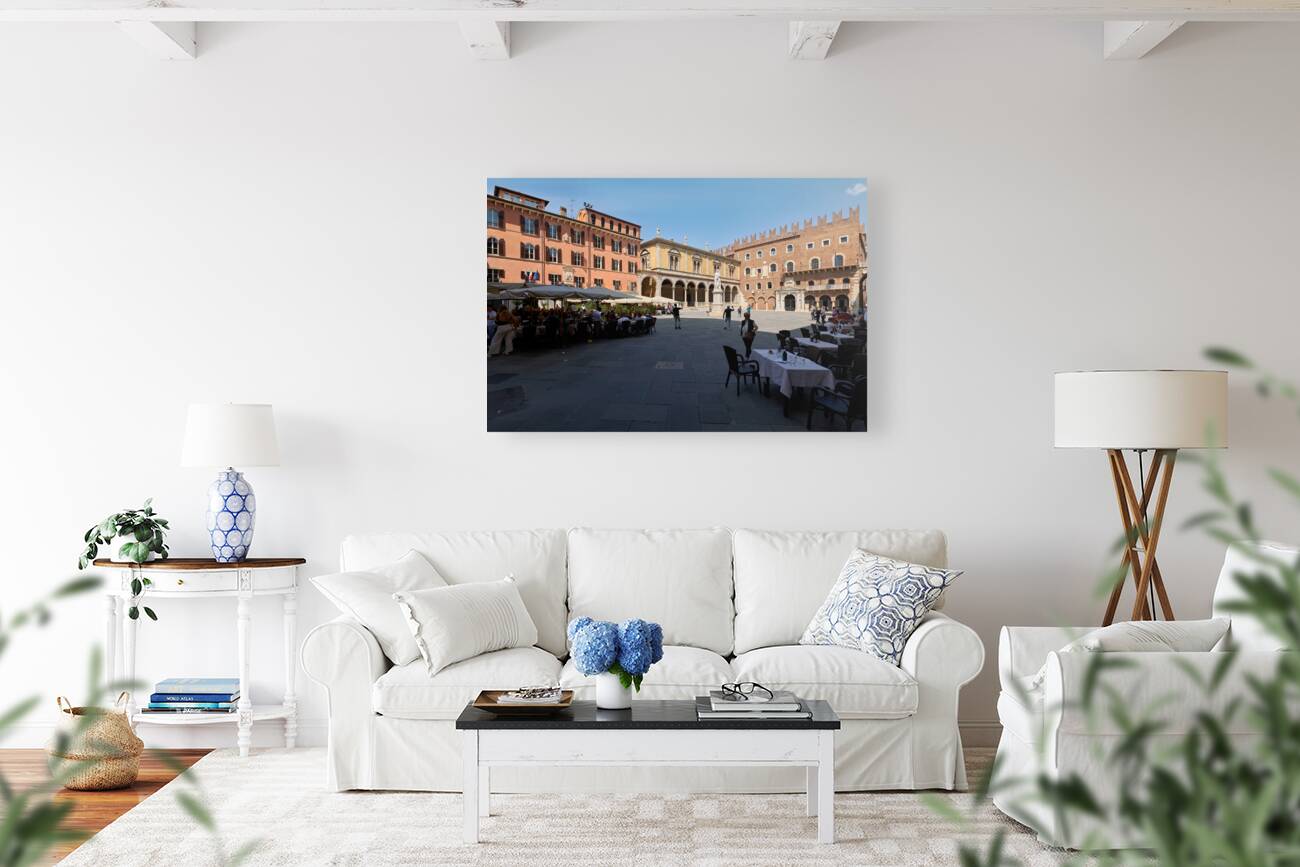 Verona Veneto Italy. Piazza dei Signori with the monument to Dante and restaurants to dine out Reproduction