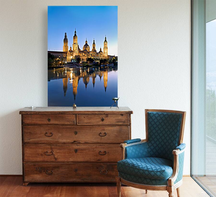 Zaragoza. Saragossa. Aragon. Spain. Cathedral Basilica of Our Lady of the Pillar and river Ebro at sunset Reproduction