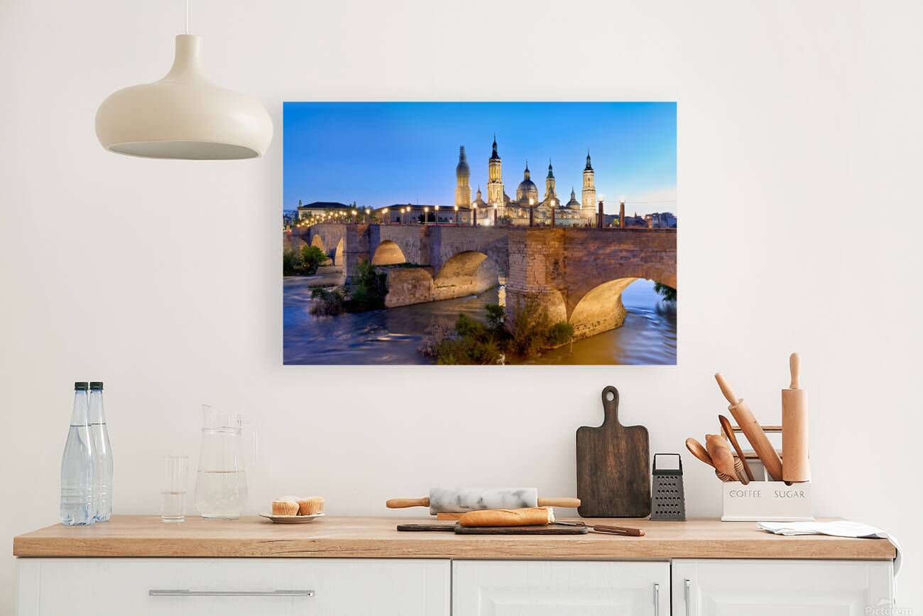 Zaragoza. Saragossa. Aragon. Spain. Cathedral Basilica of Our Lady of the Pillar and river Ebro at sunset Reproduction