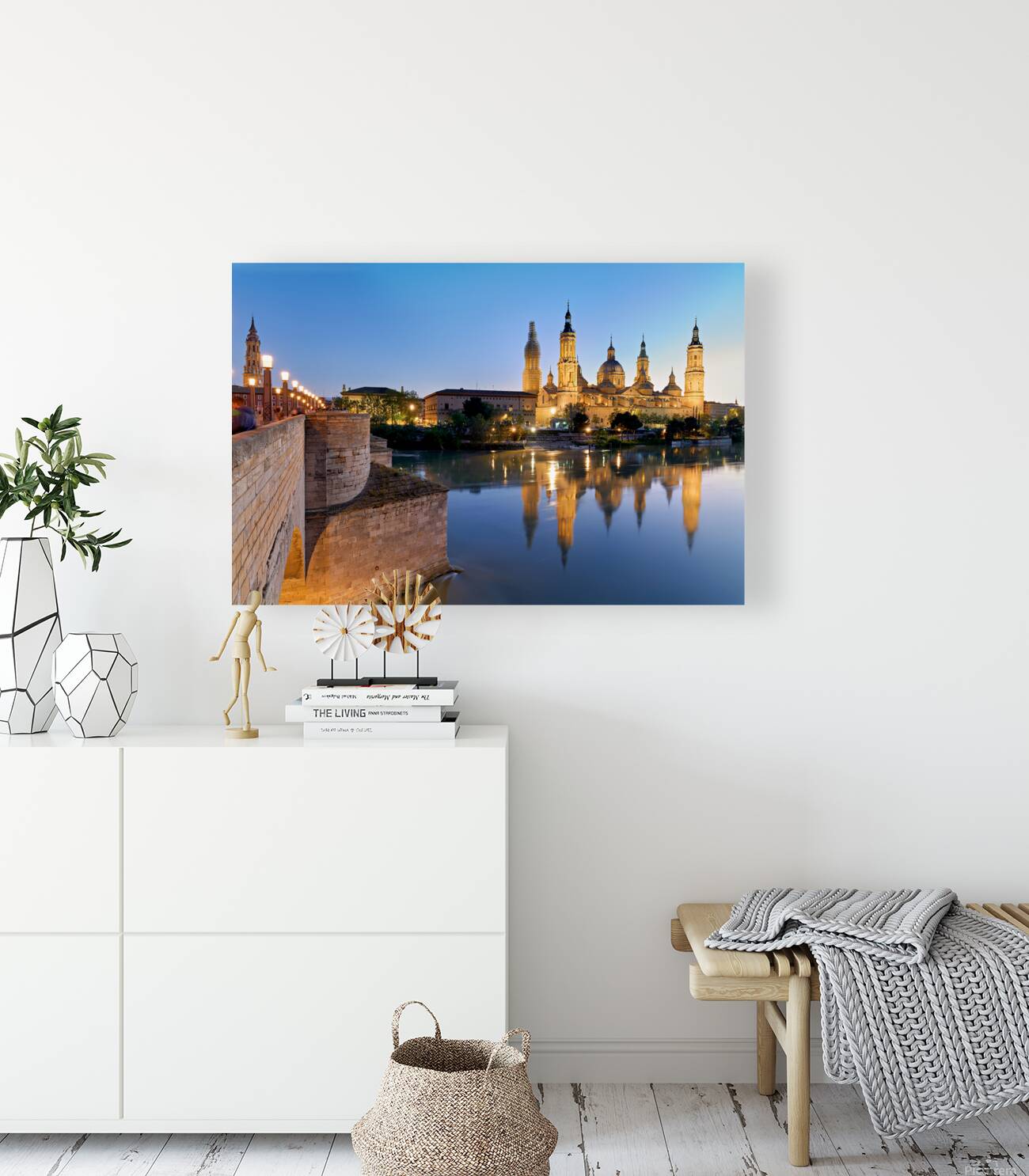 Zaragoza. Saragossa. Aragon. Spain. Cathedral Basilica of Our Lady of the Pillar and river Ebro at sunset Reproduction