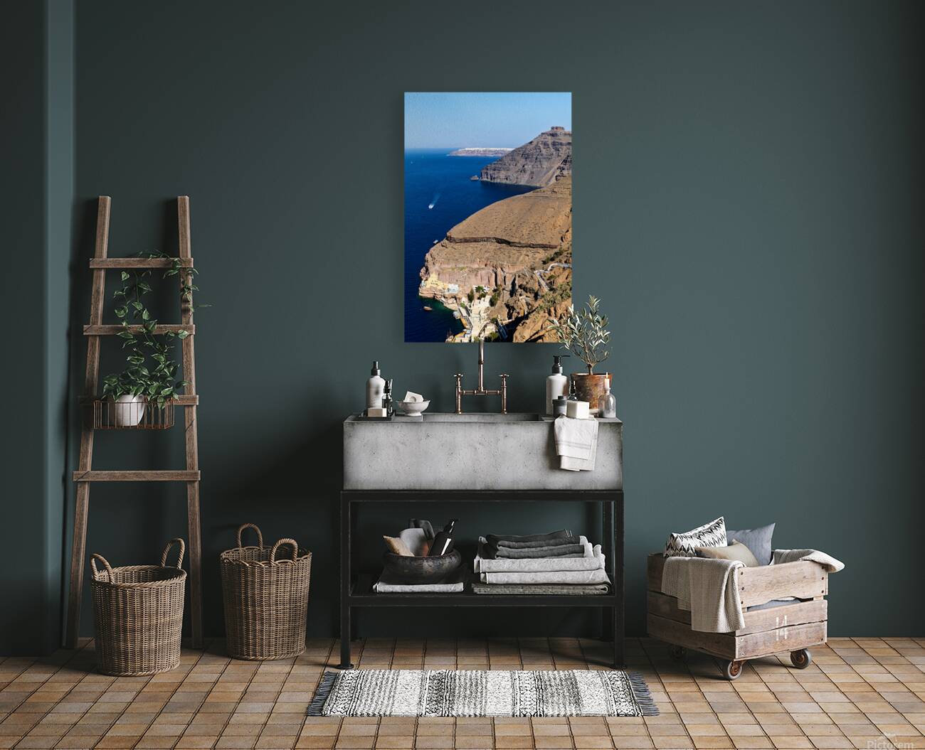 Santorini caldera with cliffs deep blue sea port and distant  Reproduction