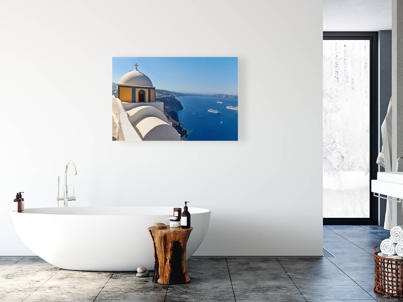 Santorinis iconic church and caldera with ships. Reproduction