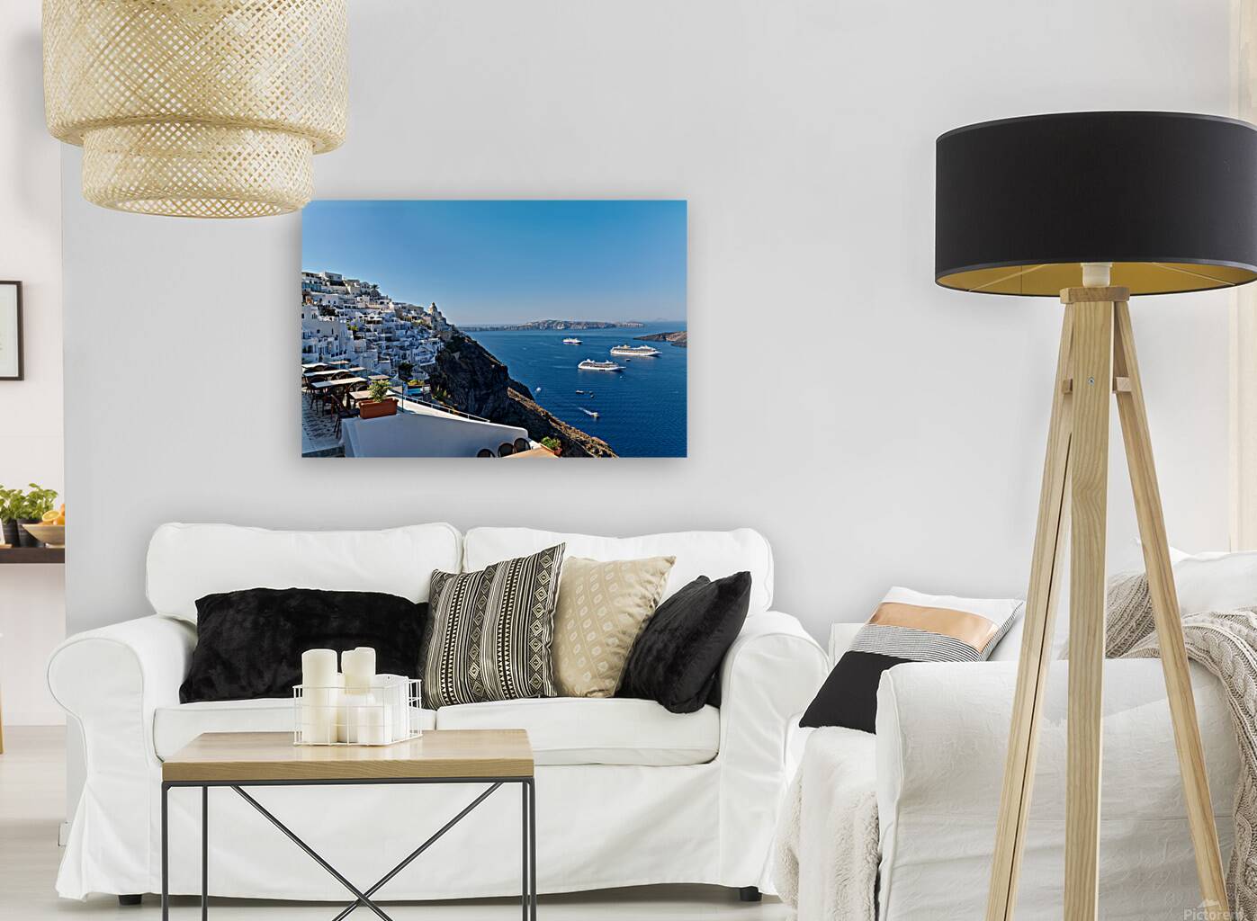 Santorinis white village blue caldera and cruise ships. Reproduction