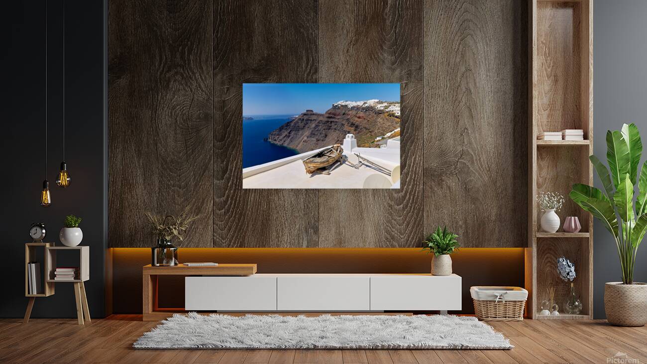 Santorini: Old boat white village and caldera view. Reproduction