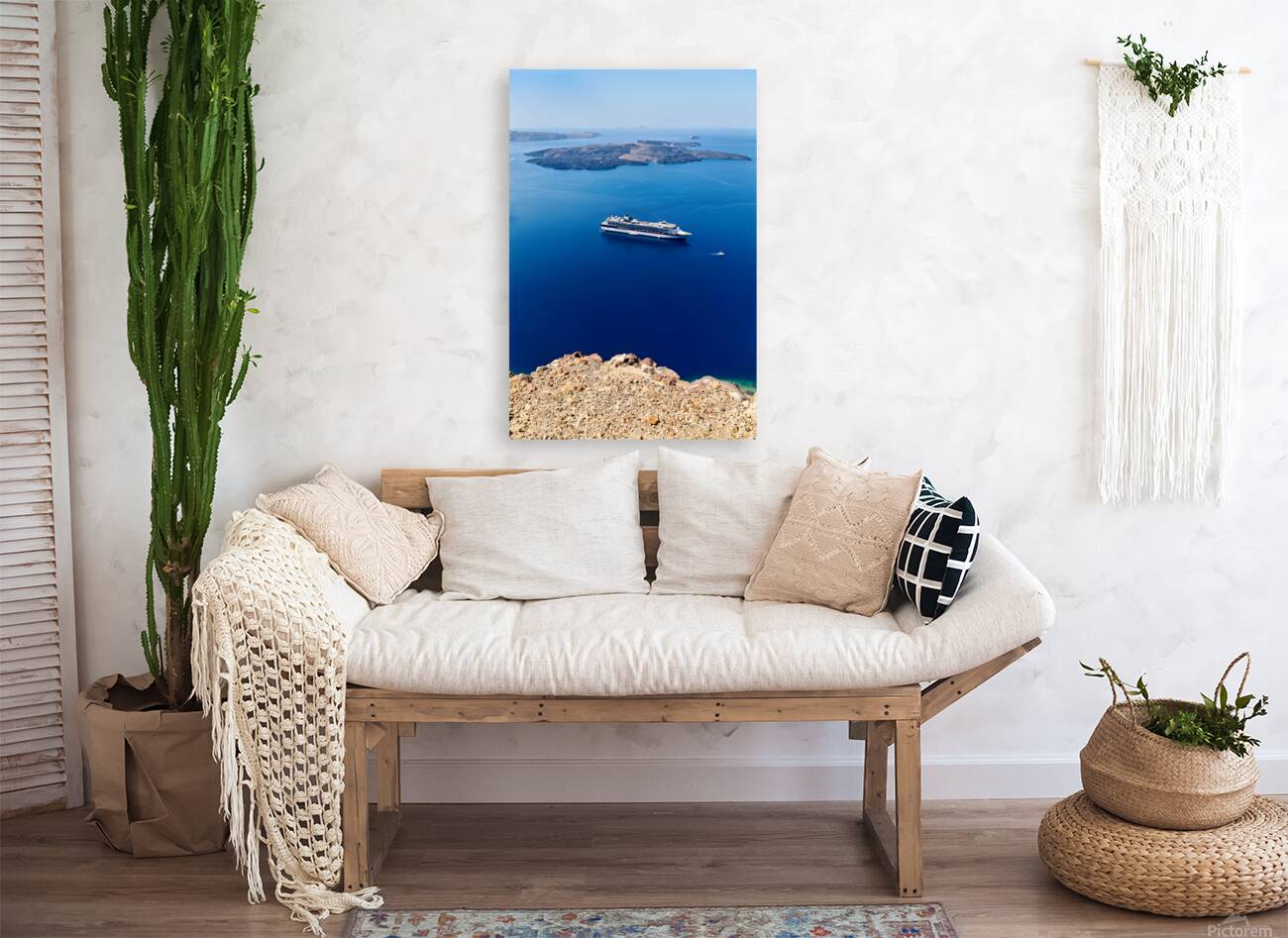 Cruise ship in deep blue sea volcanic islands rocky foreground Reproduction