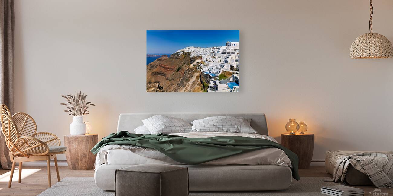 Santorini: White cliffside village blue sea clear sky. Reproduction