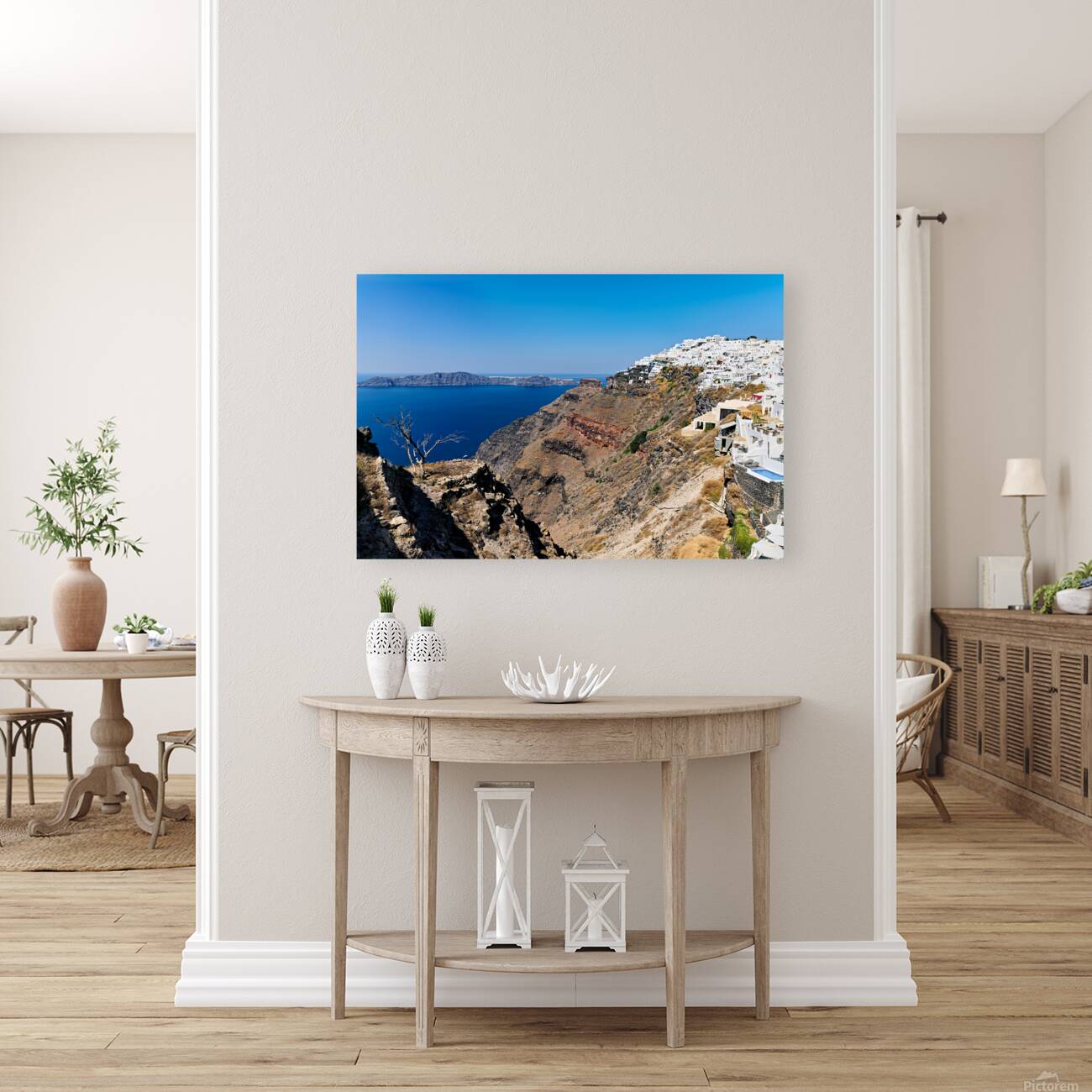 Picturesque Santorini: white village blue sea volcanic cliffs. Reproduction