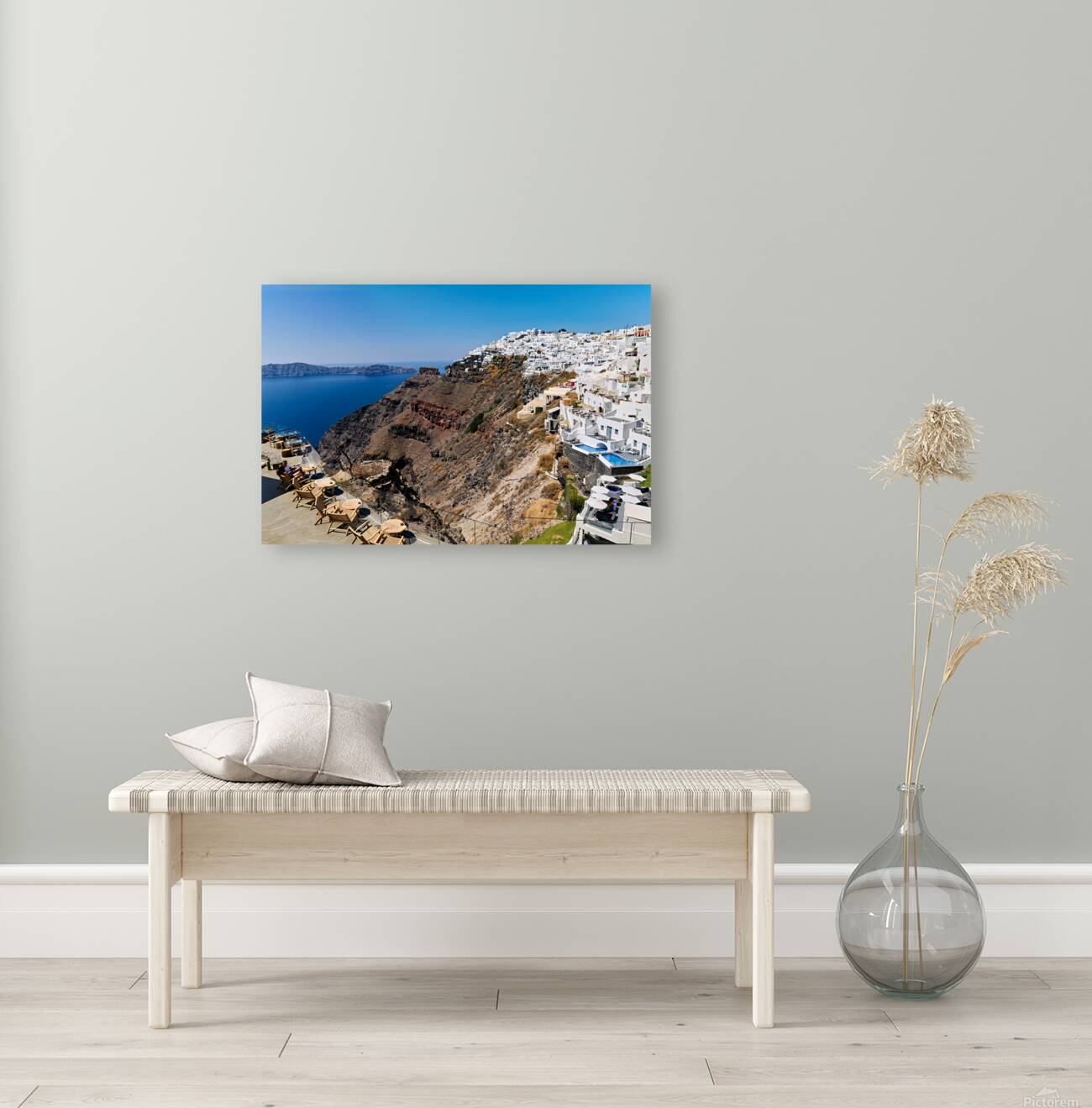 Santorinis white cliffside village and caldera view. Reproduction