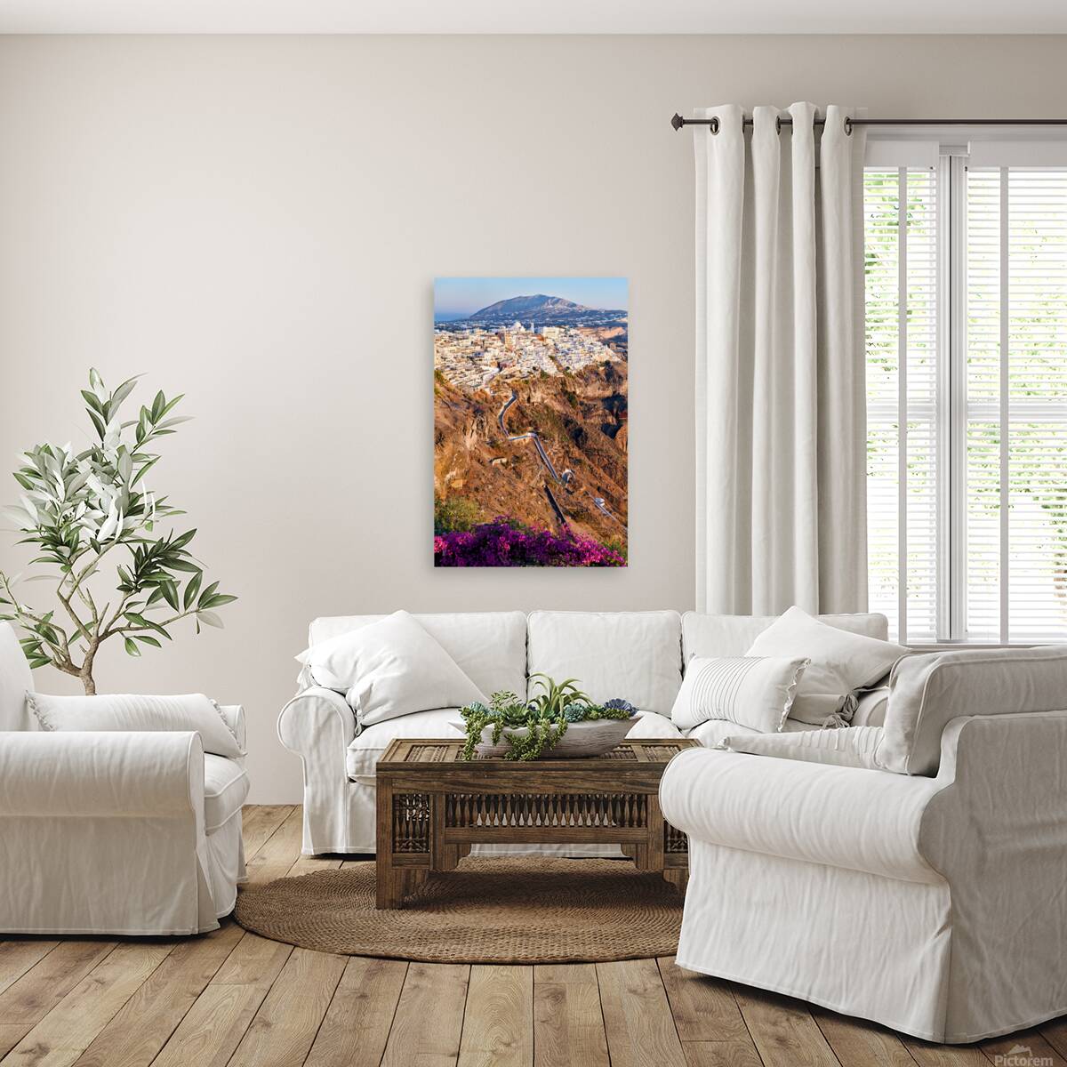 Picturesque Santorini cliffside town with winding path and vibra Reproduction