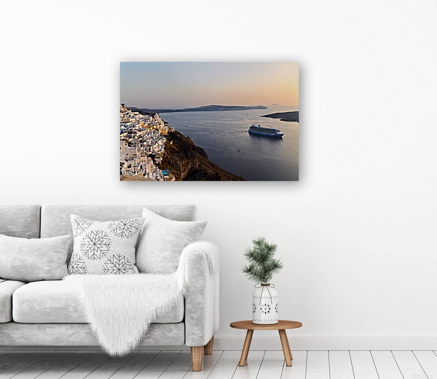 Santorini village and cruise ship at sunset. Reproduction