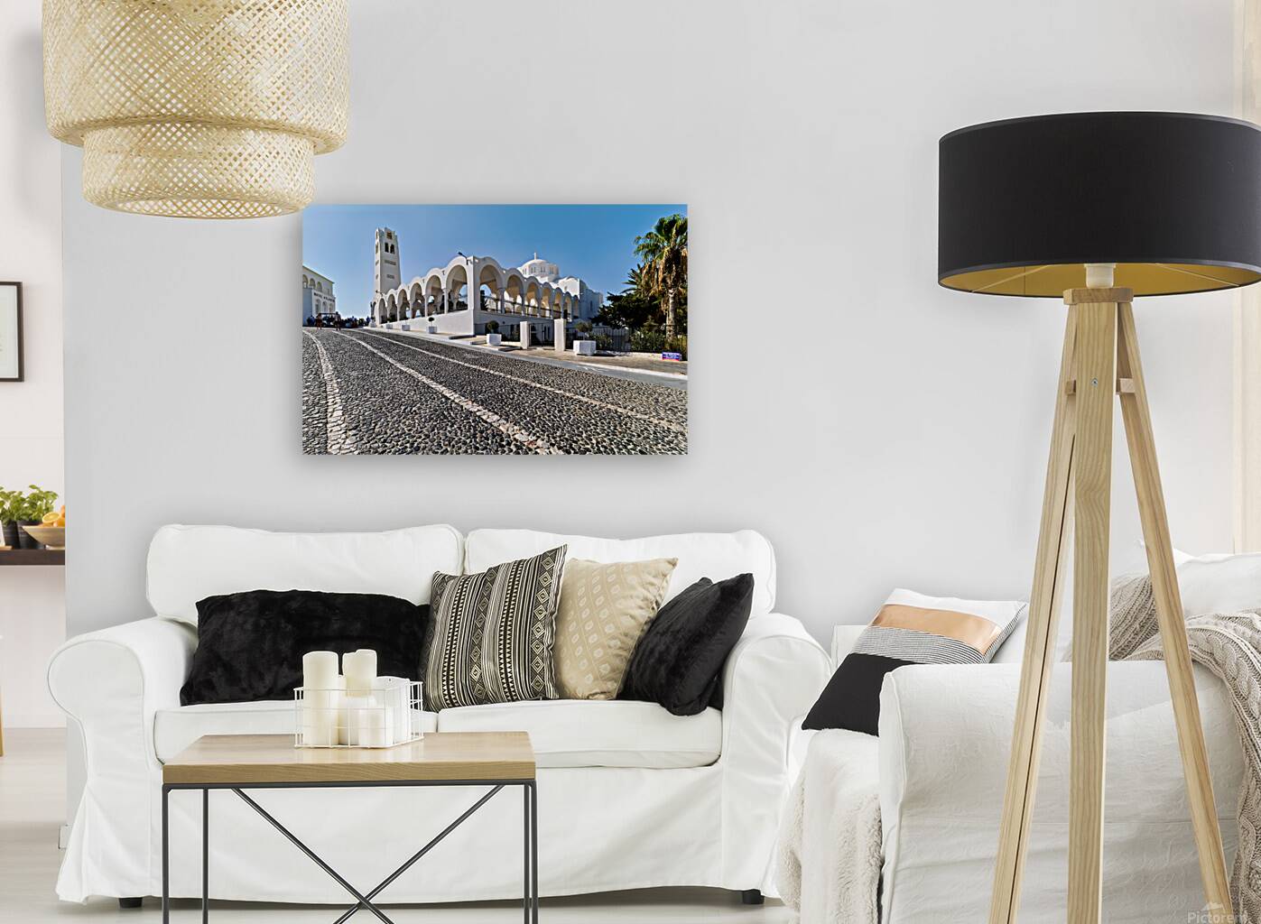 Beautiful white church and cobblestone street in sunny Santorini Reproduction