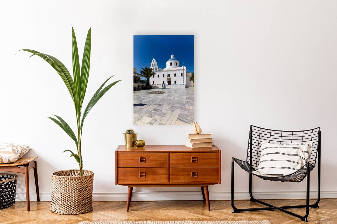 White Greek church with blue dome bell tower and marble courty Reproduction