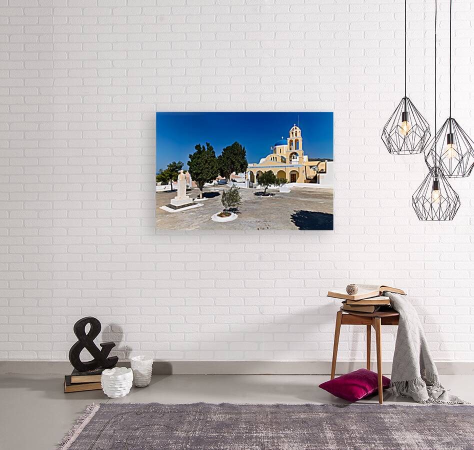 Traditional Greek church blue dome bell tower sunny day. Reproduction