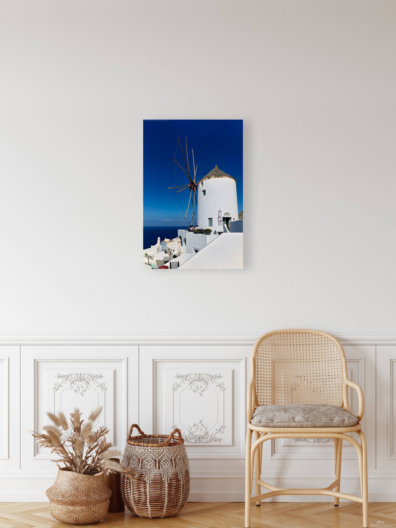 Santorini windmill and white architecture overlooking the blue s Reproduction