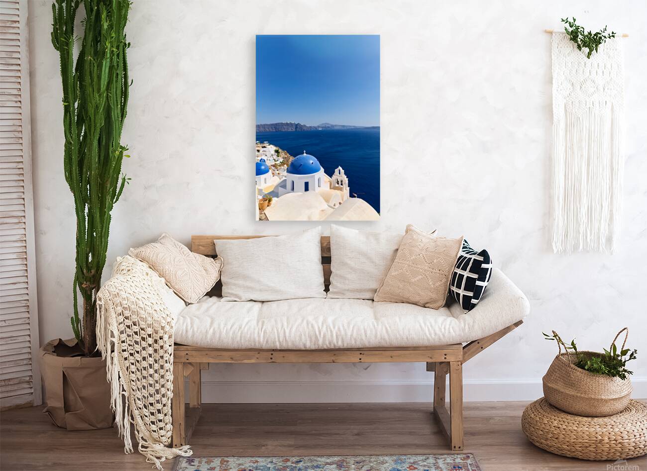 Iconic blue domes and white architecture of Santorini Greece. Reproduction