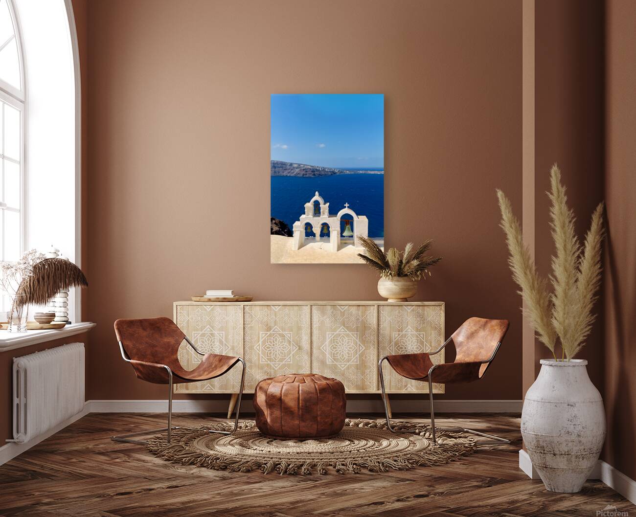Santorini bell tower overlooking the Aegean Sea. Reproduction