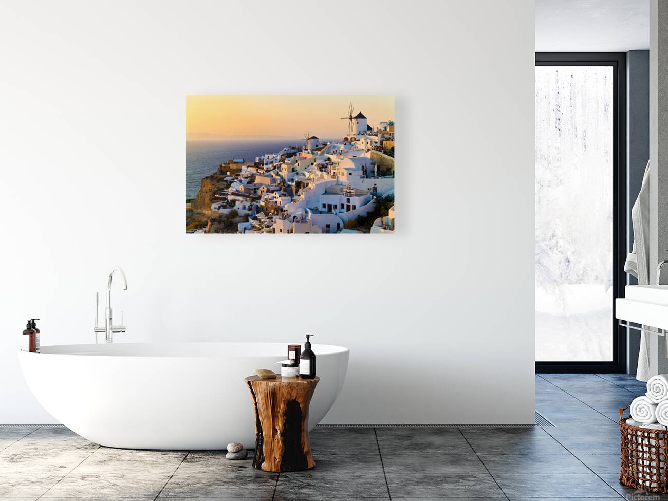 Santorini village at sunset with windmills overlooking the Aegea Reproduction