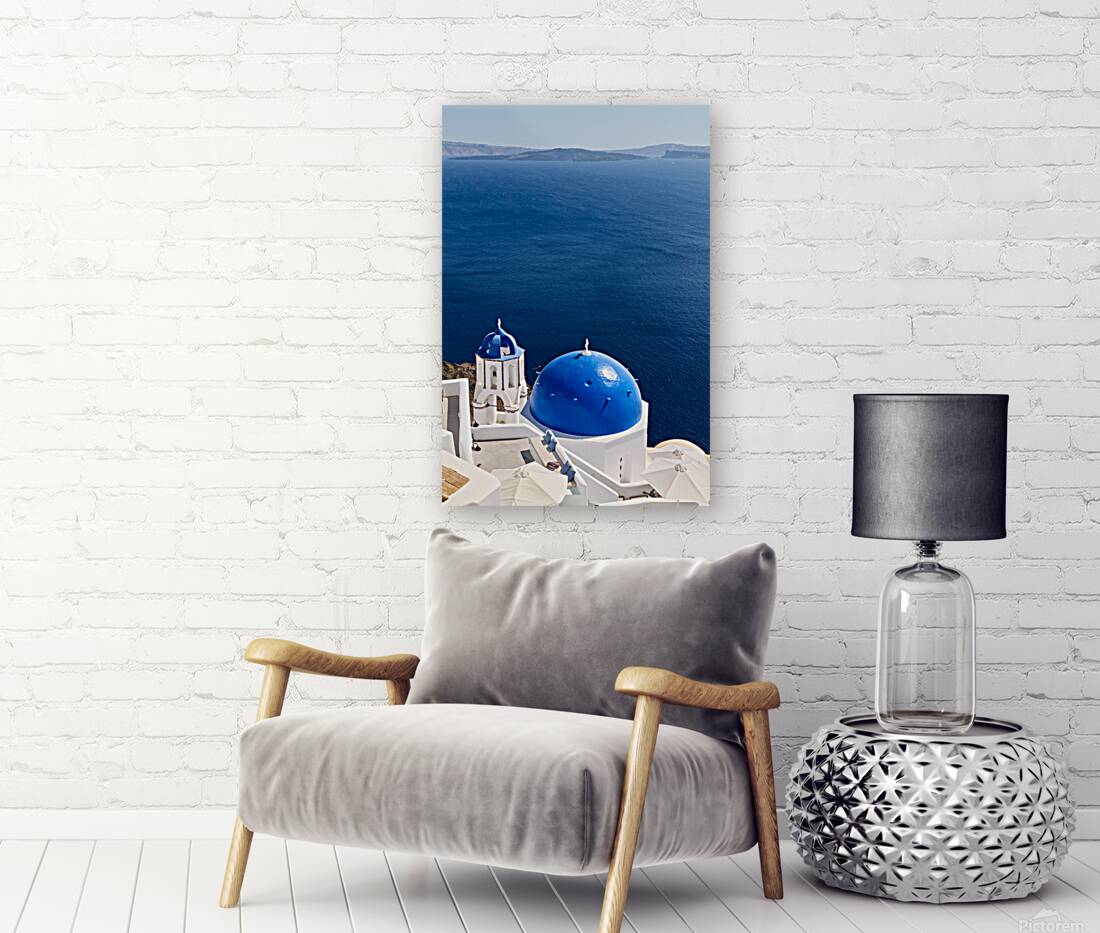 Santorinis blue domes and caldera view. Reproduction