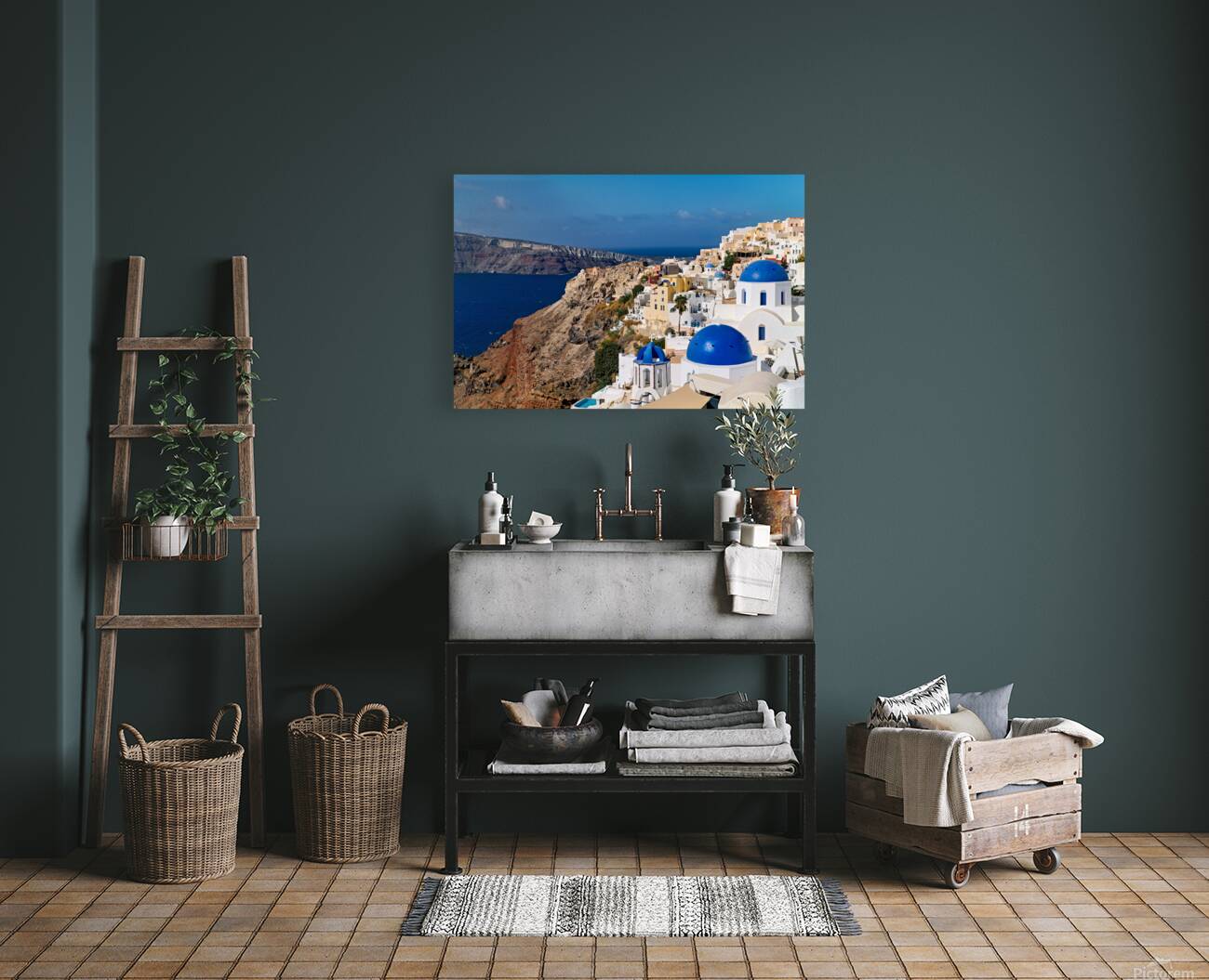 Santorinis iconic white buildings and blue domes overlooking th Reproduction