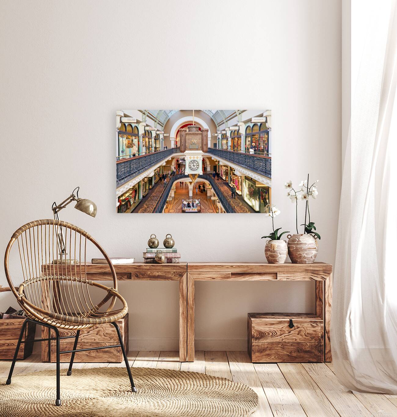 Elegant Victorian shopping arcade with clock tower and shoppers. Reproduction