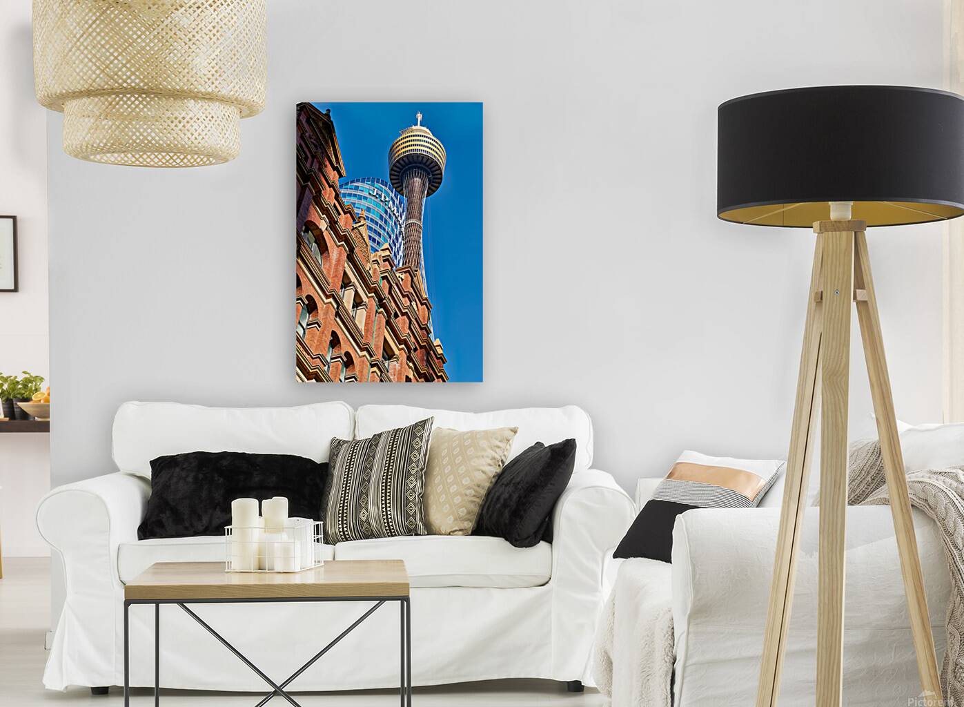 Sydney Tower and J.P. Morgan building against blue sky. Reproduction