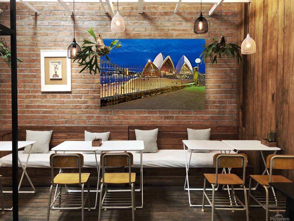 Sydney Opera House and Harbour Bridge at dusk. Reproduction