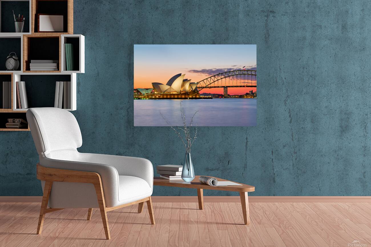 Sydney Opera House and Harbour Bridge at sunset. Reproduction