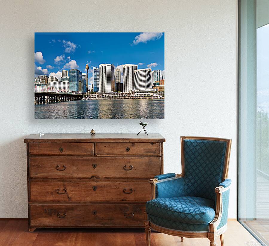 Sydney Harbour skyline with bridge and boats. Reproduction