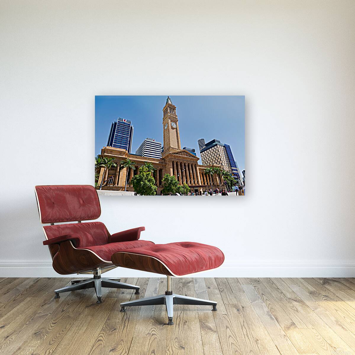 Brisbane City Hall with modern buildings and palm trees. Reproduction