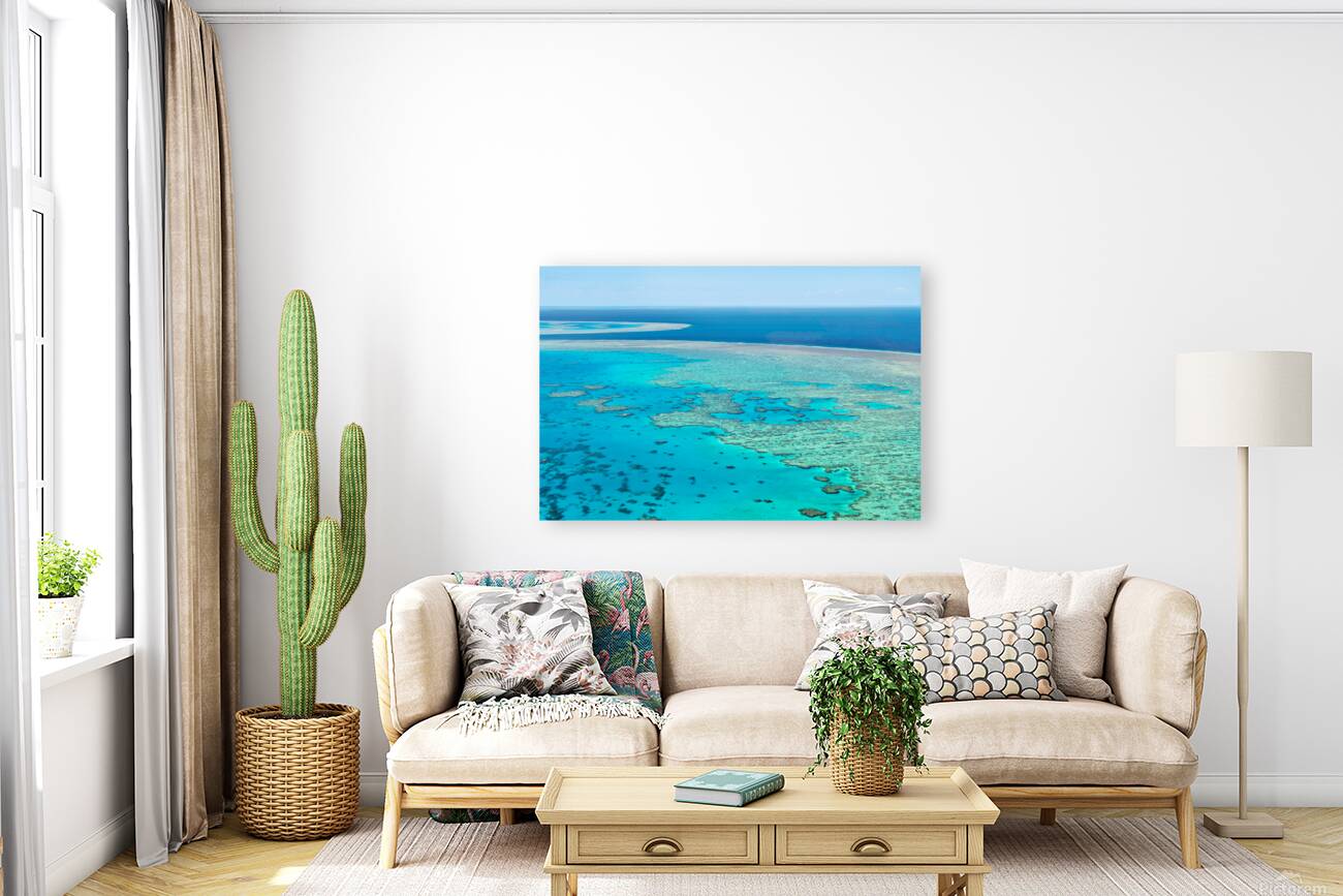Aerial view of the Great Barrier Reefs turquoise waters. Reproduction