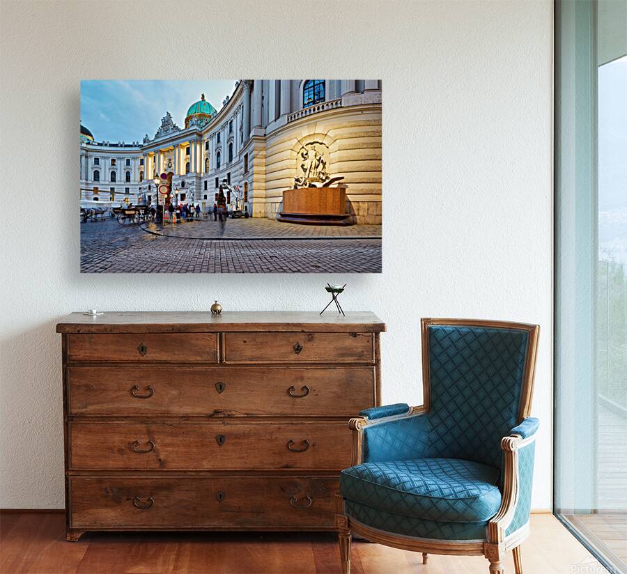 Illuminated Hofburg Palace Vienna with people and horse carria Reproduction