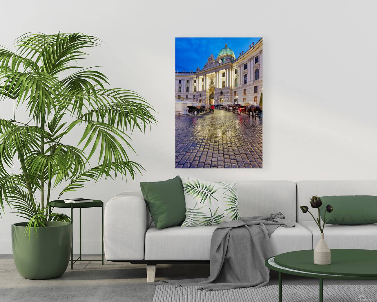 Hofburg Palace Vienna at night with horse drawn carriages. Reproduction