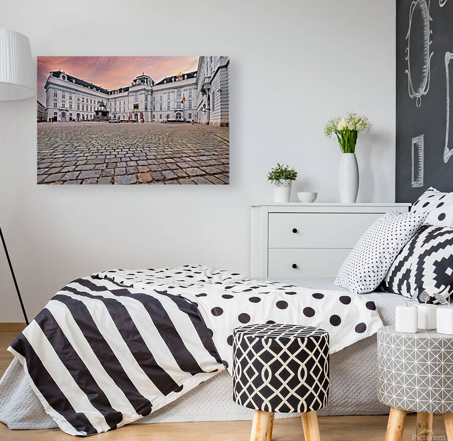 Majestic palace equestrian statue and cobblestone square under Reproduction